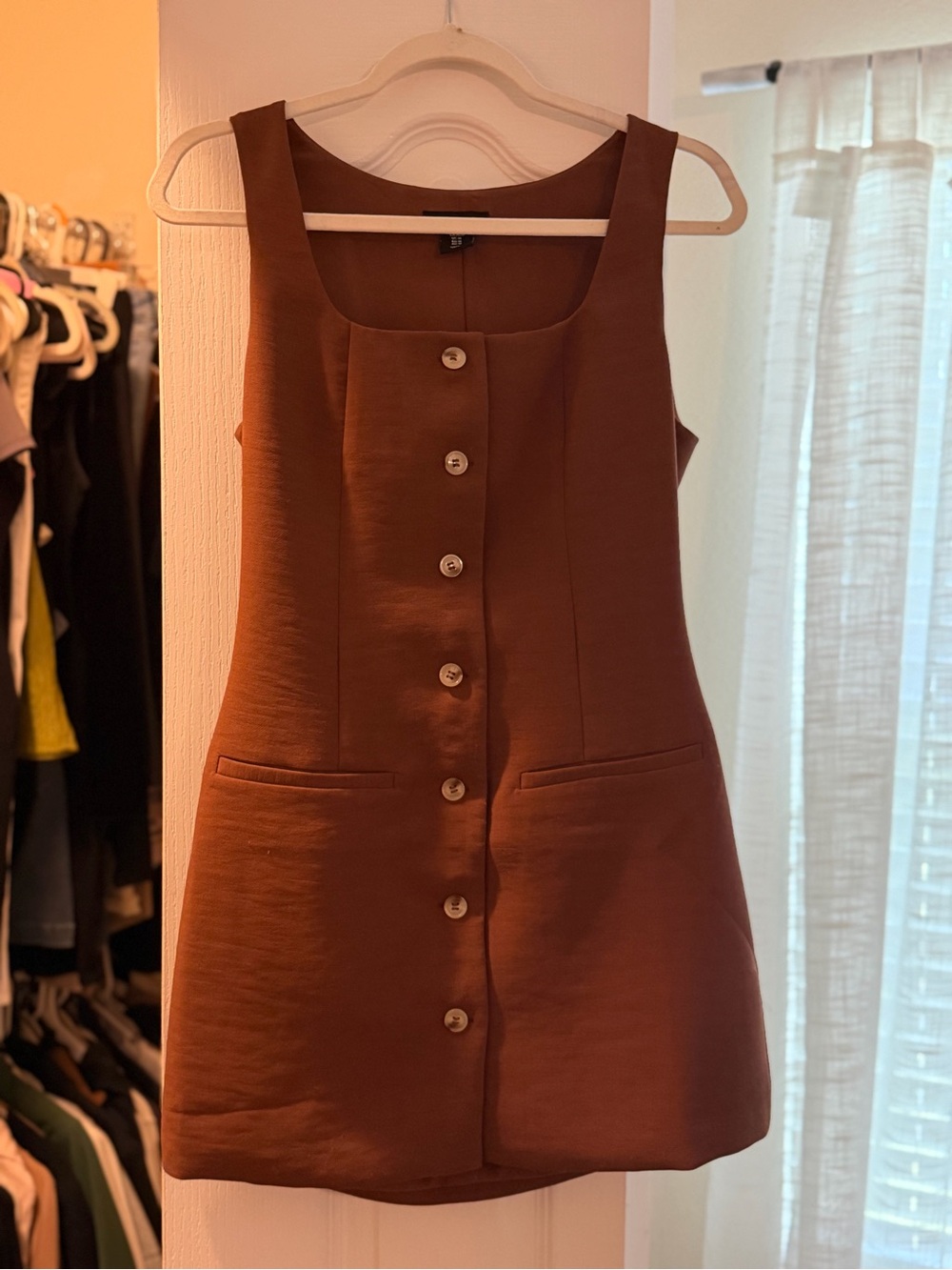 Sincerely Jules Chestnut Brown Button-Front Sleeveless Shift Dress